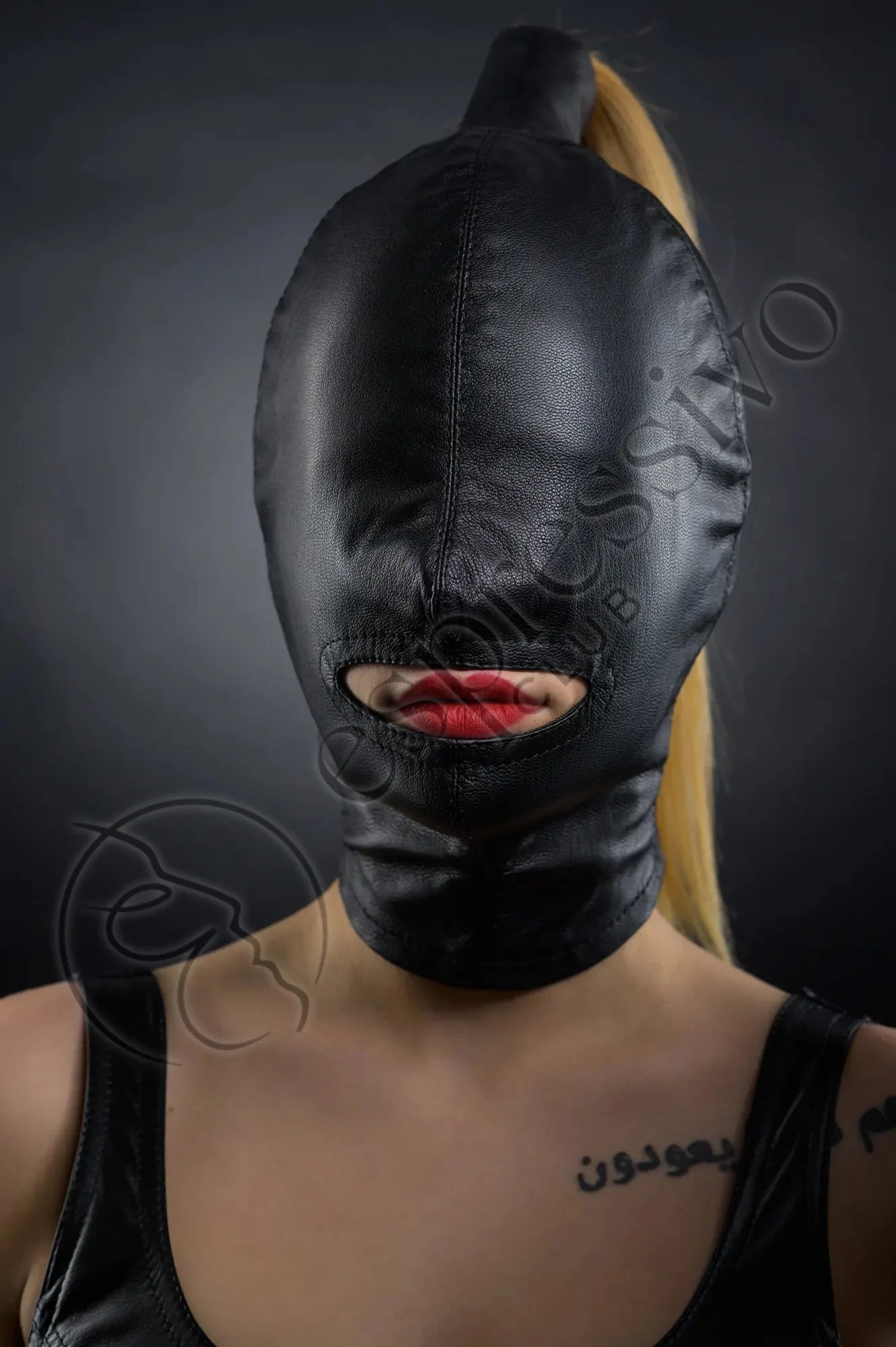 Open mouth cocksucker ponytail bondage hood - Real Leather