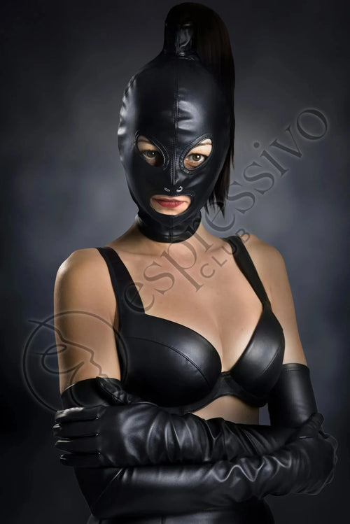Bondage set of BDSM tight ponytail hood + leather blindfold & muffle gag