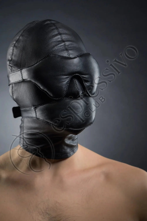 Real Leather Bondage set of tight BDSM hood + leather blindfold & muffle gag